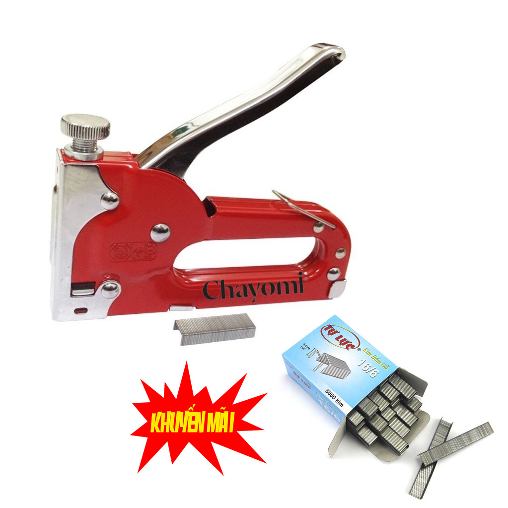 Dụng cụ bắn ghim cầm tay có điều chỉnh tăng lực (Đỏ, Cam) bấm đinh ghim lên gỗ, ván ép, tập, sách, bao bì giấy, nhựa… + Hộp ghim 16/6