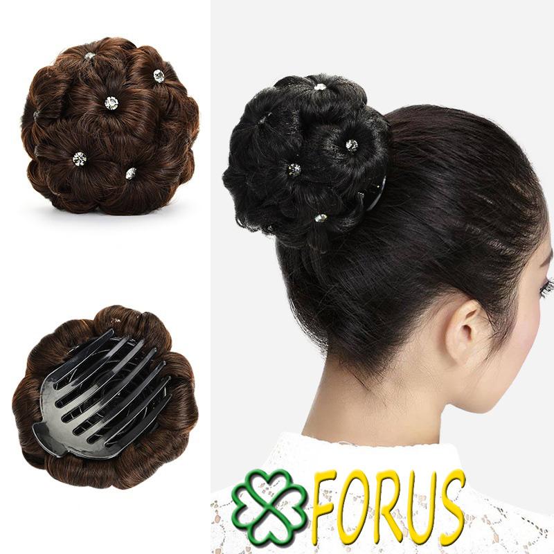 Tóc búi hoa đính đá, màu [nâu đỏ 2/33] tóc giả nữ