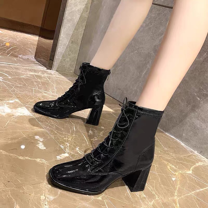 Giày Nữ  Bốt Đế Vuông Da Bóng Phong Cách Thời Trang Trẻ