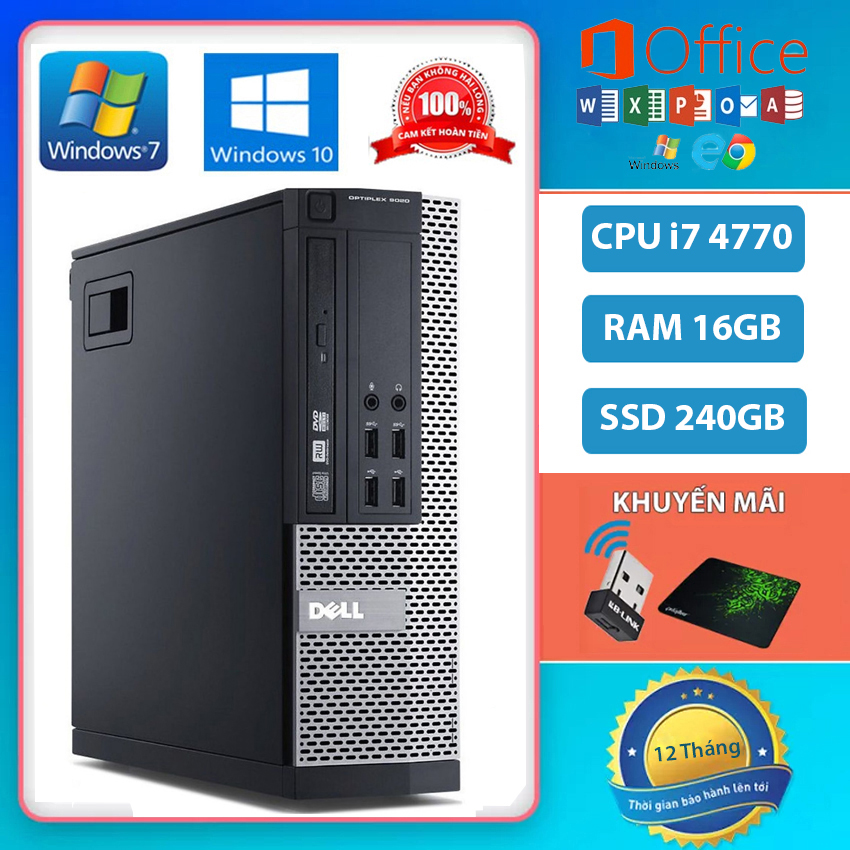 Case máy tính đồng bộ, Máy tính để bàn DELL Optiplex 3020/9020 CPU i7 4770 Ram 16GB, Ổ cứng SSD 240GB, Cây máy tính để bàn. Máy tính văn phòng, học tập Tặng USB Thu Wifi và bàn di chuột. Bảo hành 12 tháng