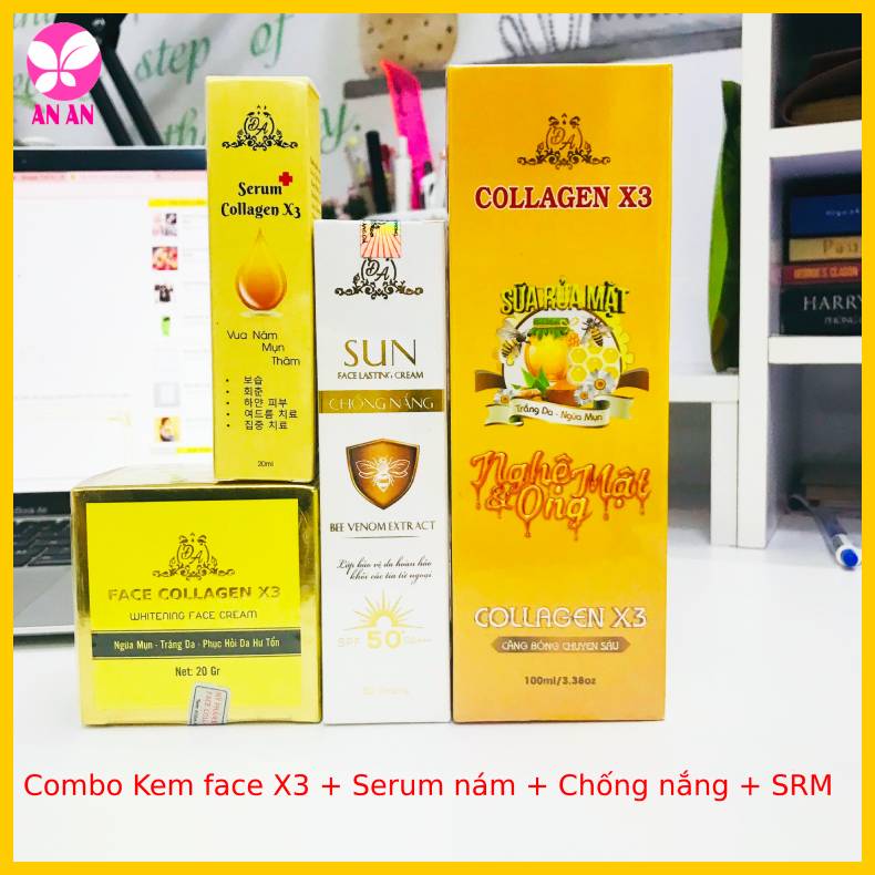 Combo Kem Face Collagen X3 + Serum nám + Chống nắng + Sữa rửa mặt - Hàng chính hãng Đông Anh