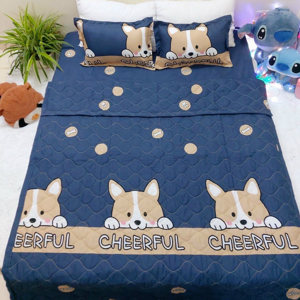 Bộ chăn ga gối cotton poly - hình cún xanh nvc bedding