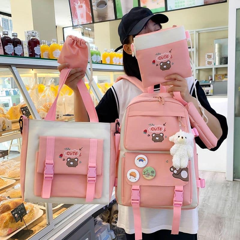 Set balo 4 món, bao thời trang, balo chống thấm nam nữ - set 4 món chú gấu cute