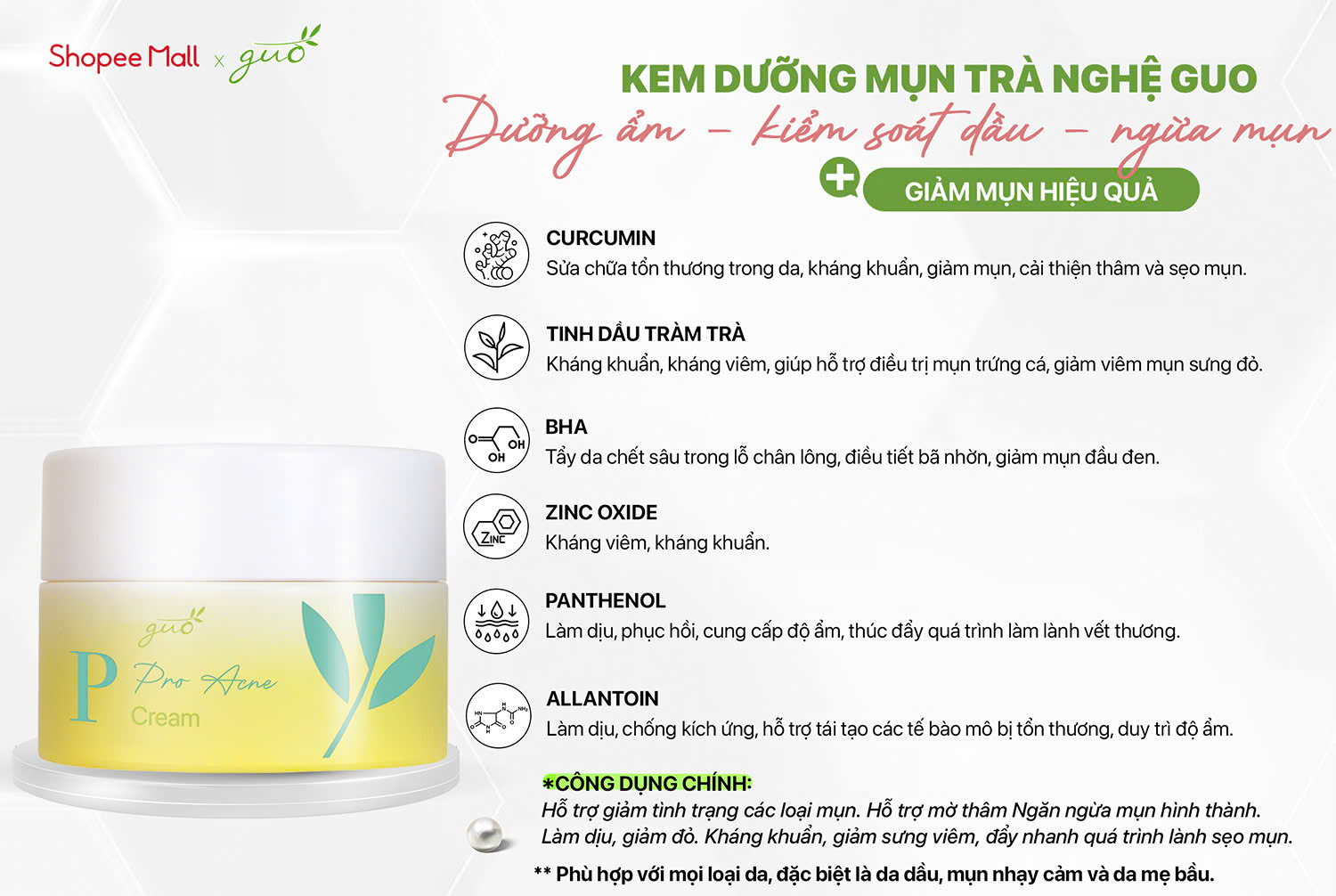 [Sạch mụn ẩn, mờ thâm mụn] Kem dưỡng da mụn trà nghệ GUO 30g