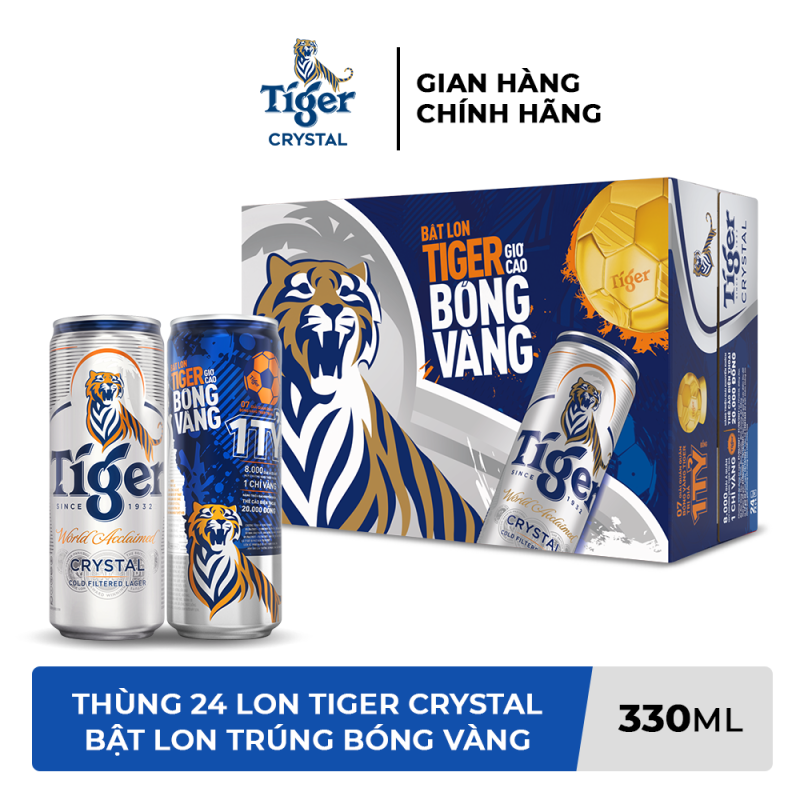 Thùng 24 lon bia Tiger Crystal (Bật lon Tiger giơ cao bóng vàng) 330ml/lon