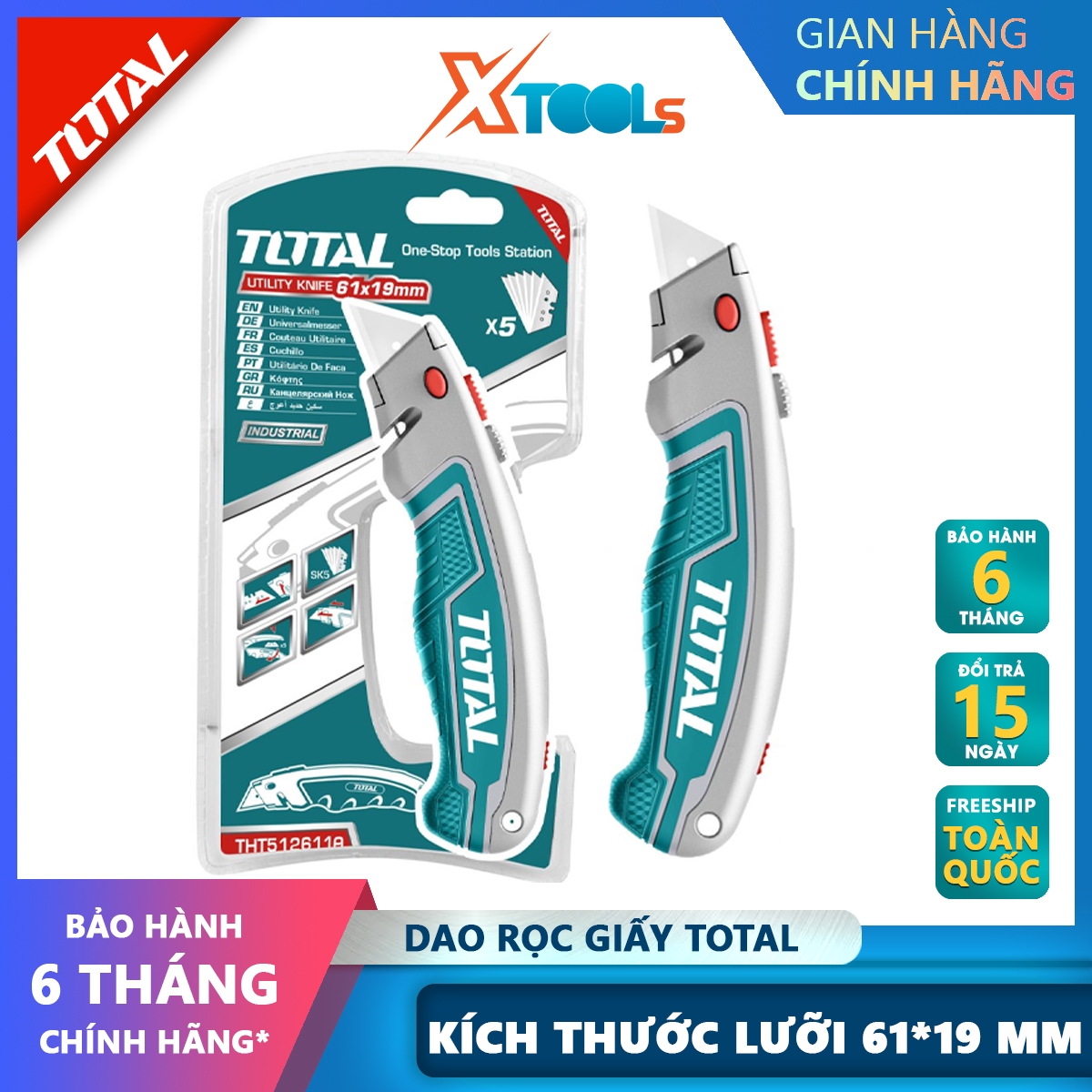 Dao rọc giấy đa năng total tht5126128 | dao cắt giấy kích thước lưỡi 61x19mm, lưỡi sk5, kèm 6 lưỡi cắt dán giấy, các loại hộp