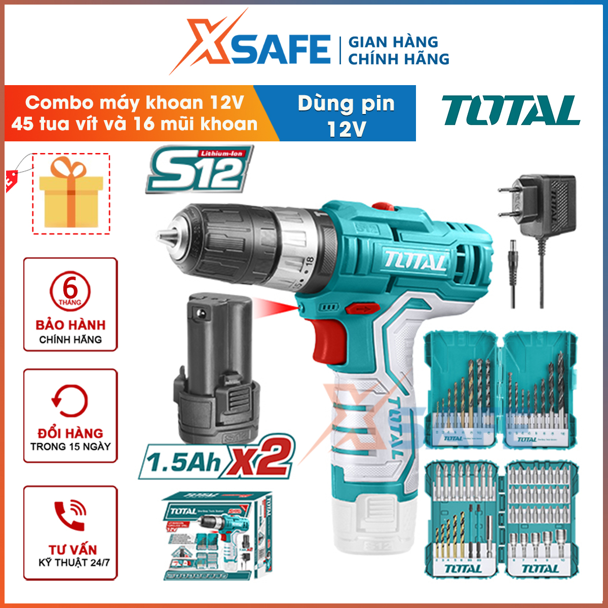 Combo set of tidli12201 12V battery drill and 45 screwdriver set 16 PCs total tosli23022 drill-authentic-xsafe