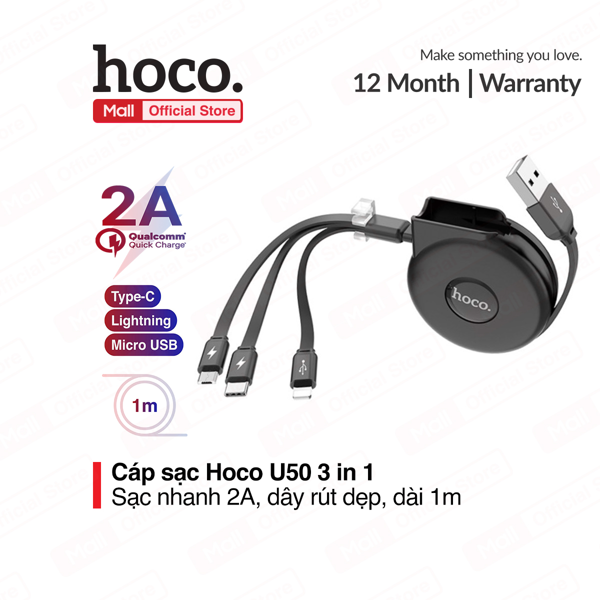 Cáp sạc đa năng 3 đầu Hoco U50 hỗ trợ sạc 2A cáp dẹt chống rối cáp dây rút tiện lợi dài 100cm