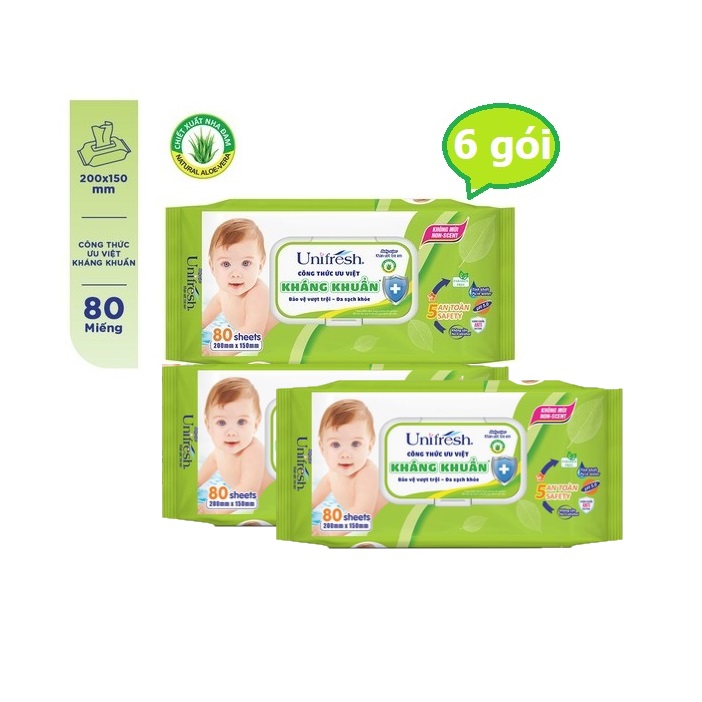 Combo 6 gói khăn giấy ướt không mùi Unifresh Vitamin E, Aloe vera (80 tờ / gói)