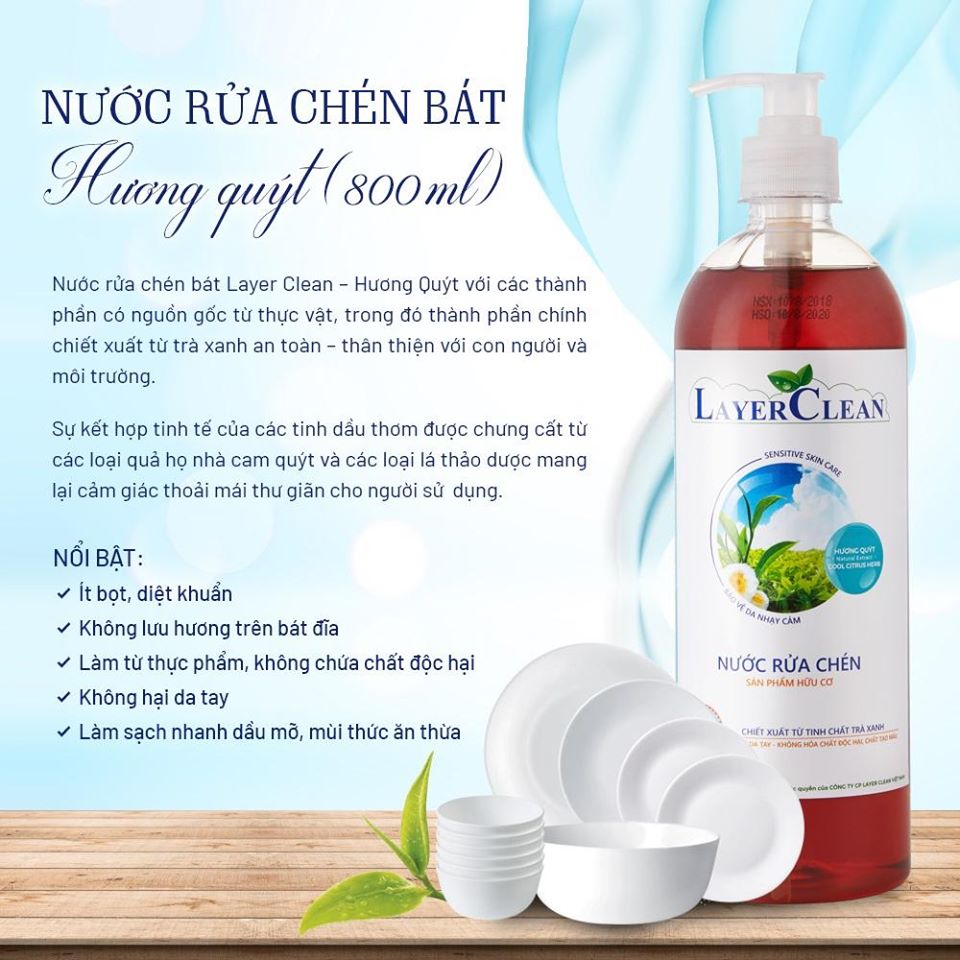 Nước rửa bát hữu cơ Layer Clearn 800ml Hương Quýt