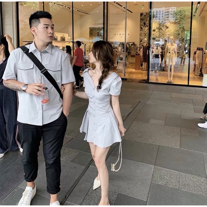 Váy đầm sơ mi bo eo dáng xoè kèm ảnh thật