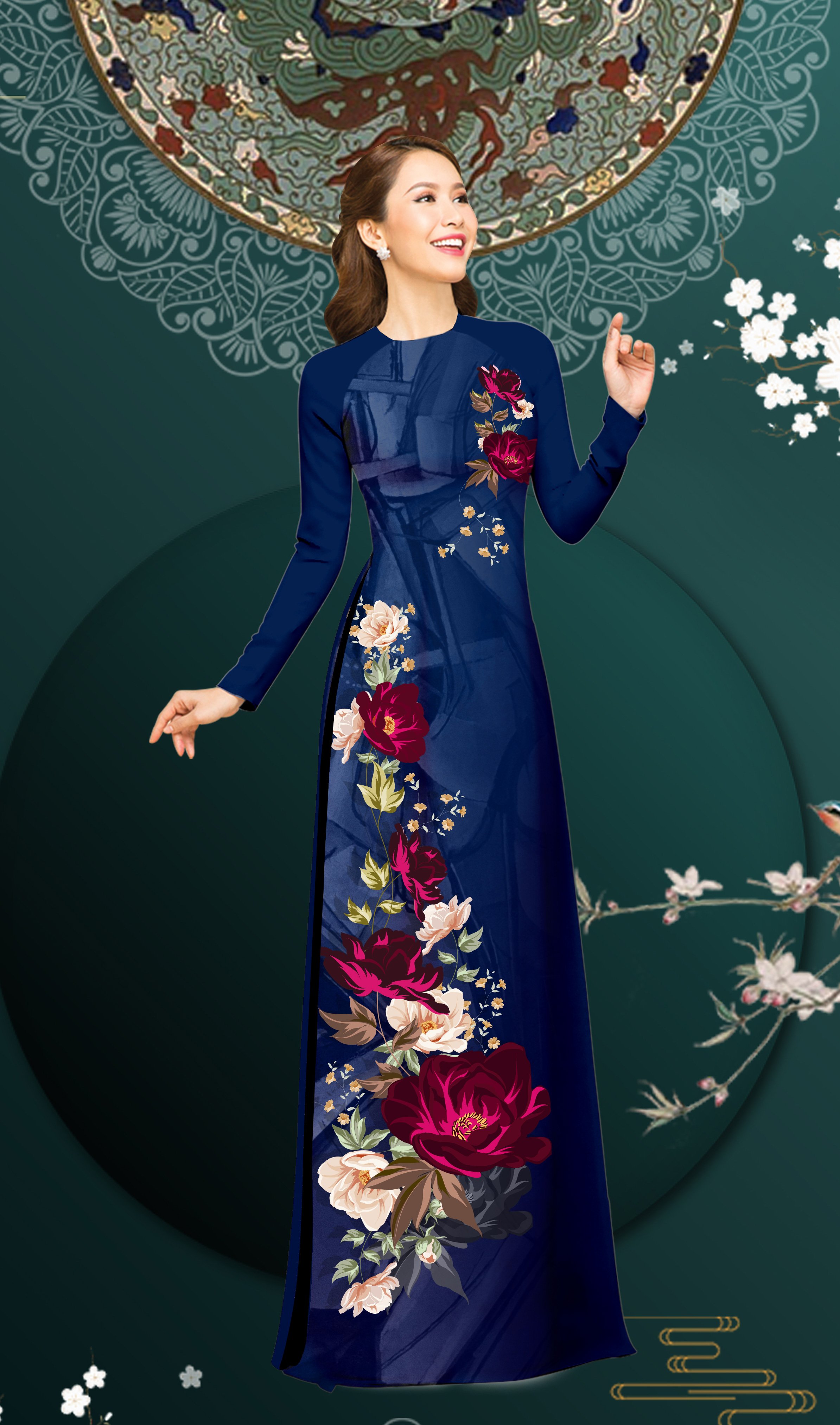 [HCM]ÁO DÀI TRUYỀN THỐNG IN HOA LẬP THỂ CAO CẤP - KHÔNG KÈM QUẦN