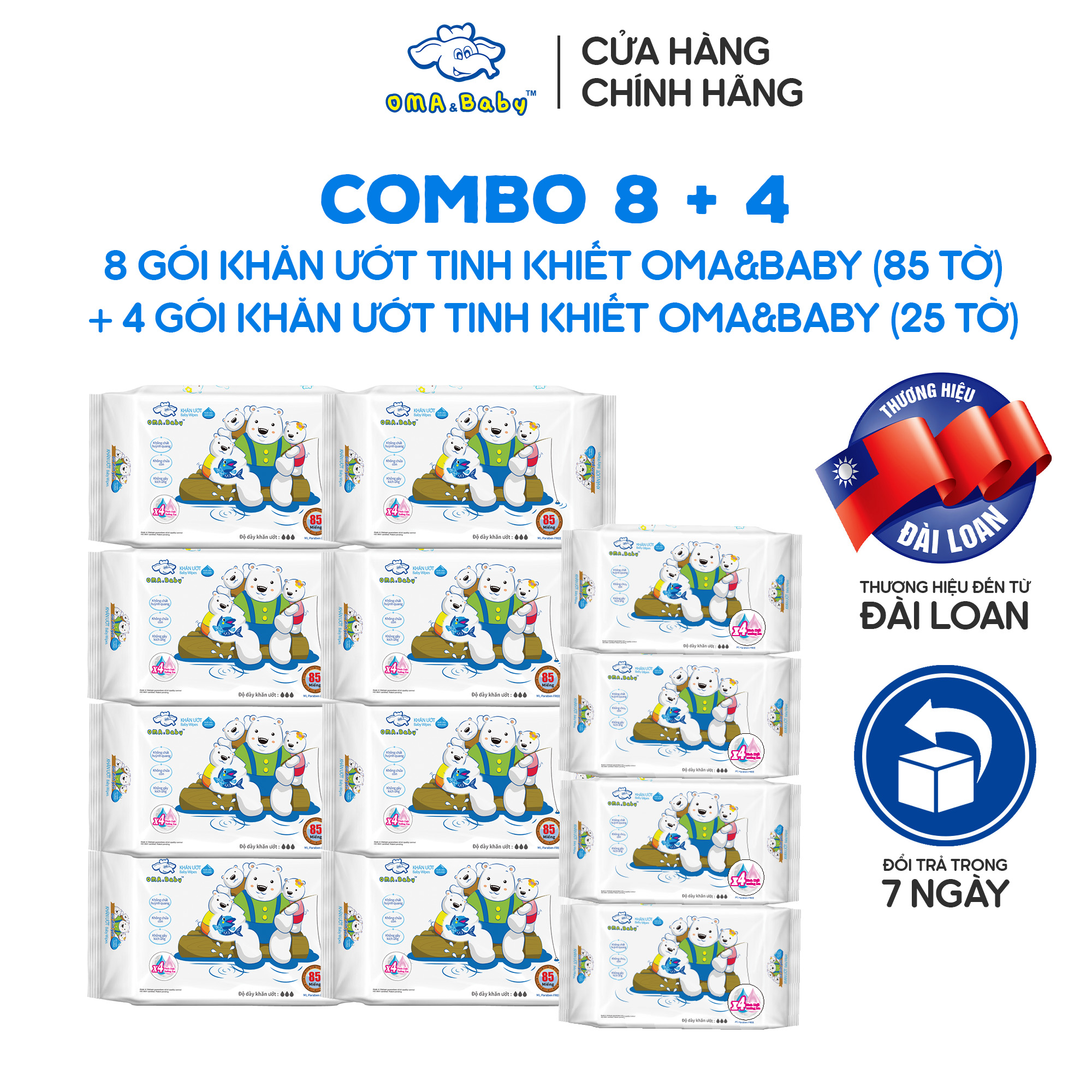 Combo 8 + 4 Oma&Baby premium baby wet wipes add on moistrurizing essence