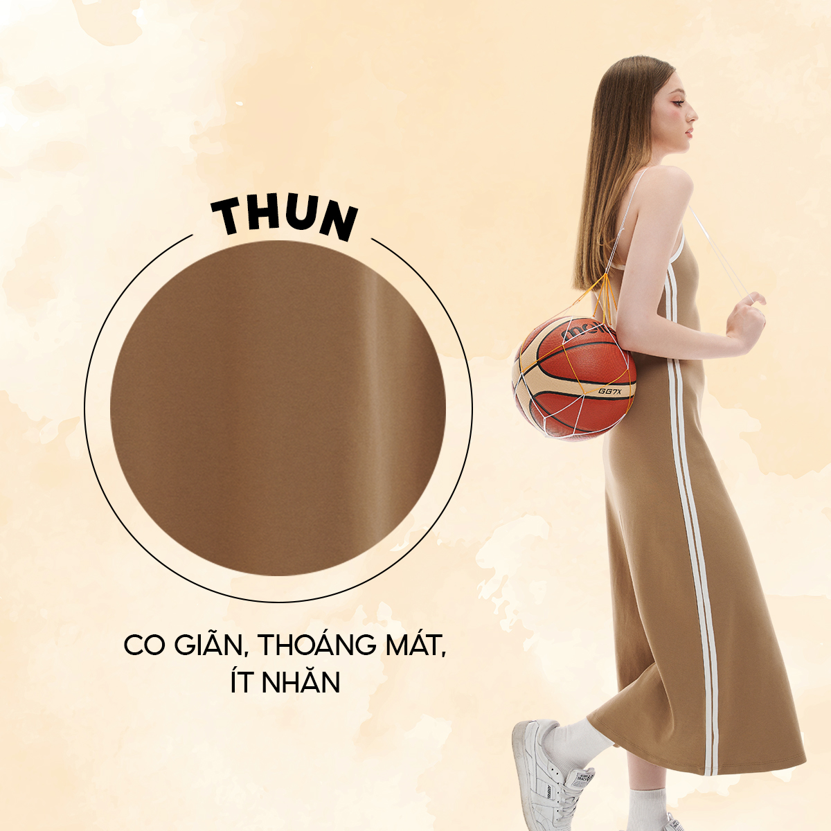 DOTTIE - Đầm midi phối viền - Nâu - D0540
