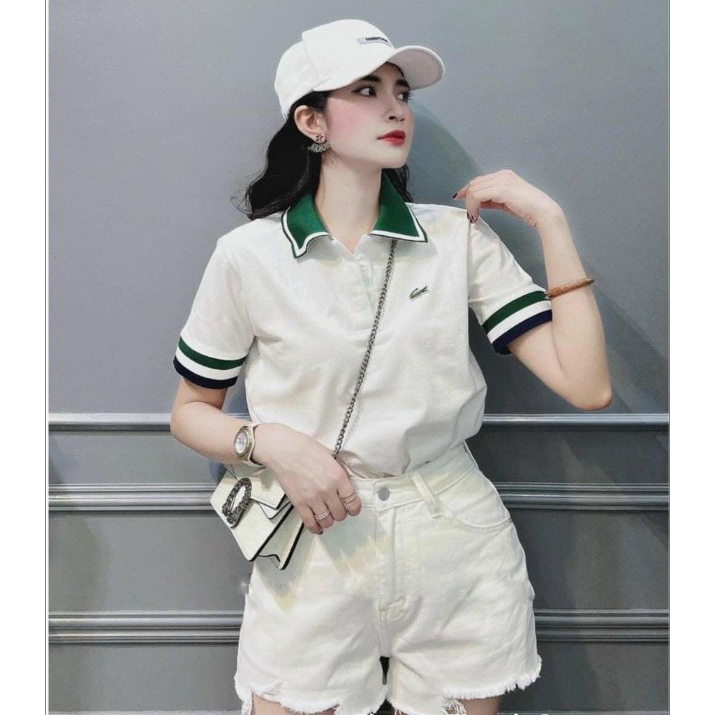 Áo phông nữ cổ bẻ phối tay phom thụng
