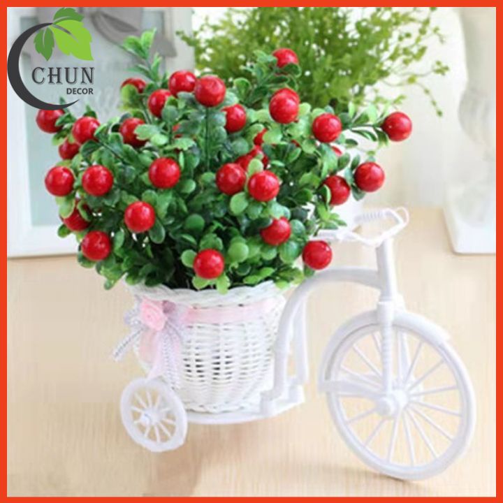 Giỏ hoa lụa - Xe đạp hoa hồng tỉ muội để bàn cao 20cm trang trí nhà cửa