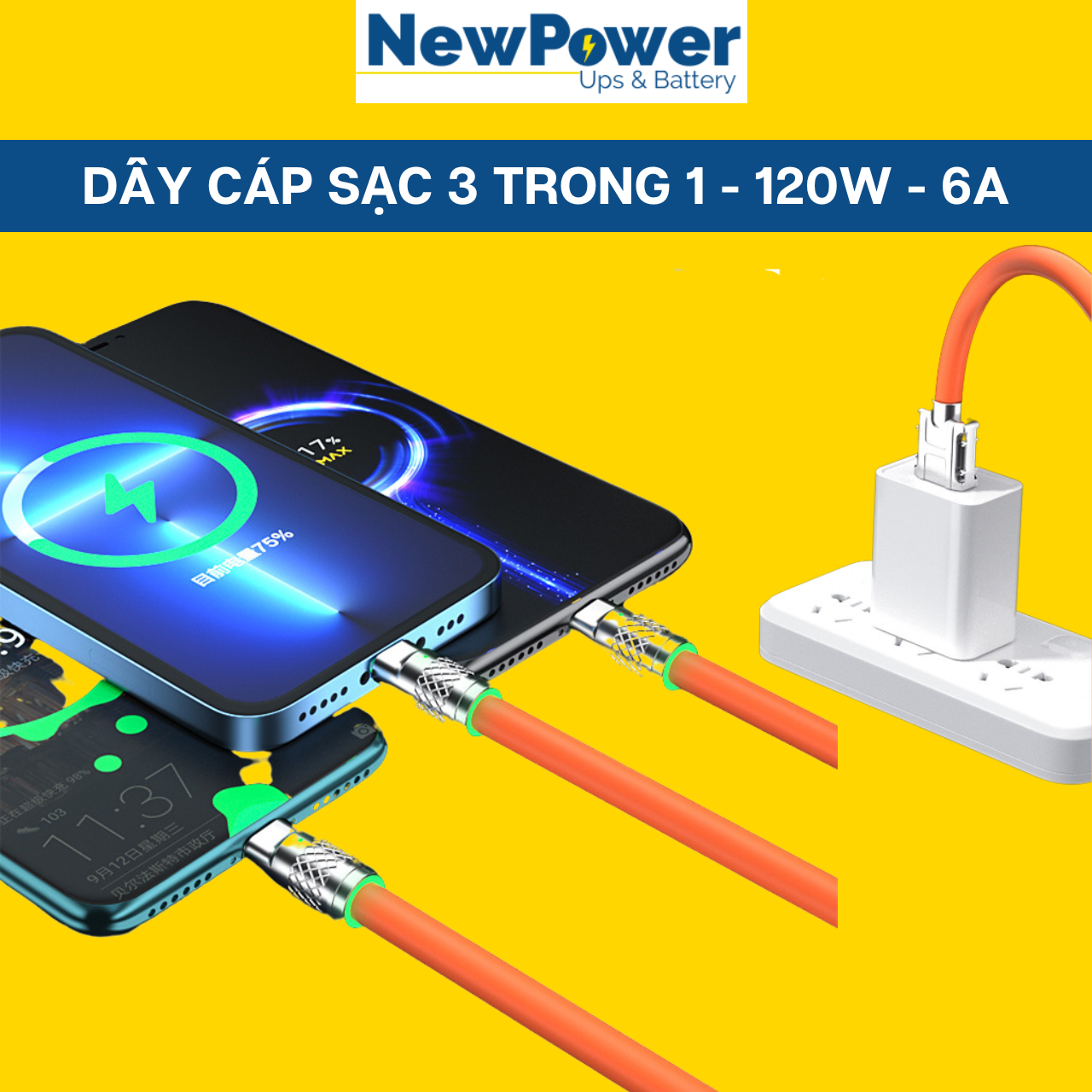 Dây cáp sạc iphone, type C, micro USB, cáp sạc 3 đầu 120W, 6A