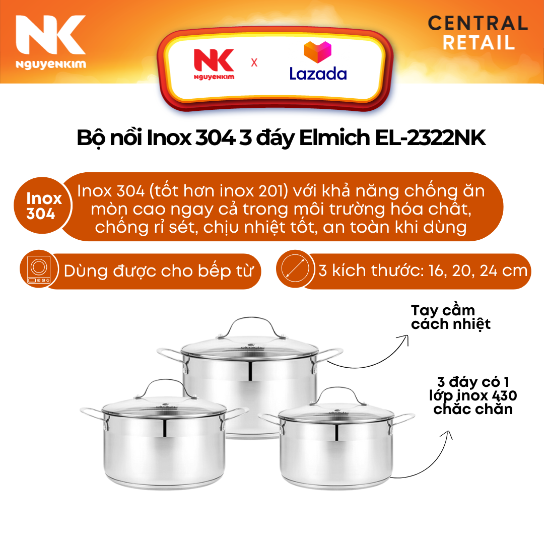 Bộ nồi Inox 304 3 đáy Elmich EL-2322NK