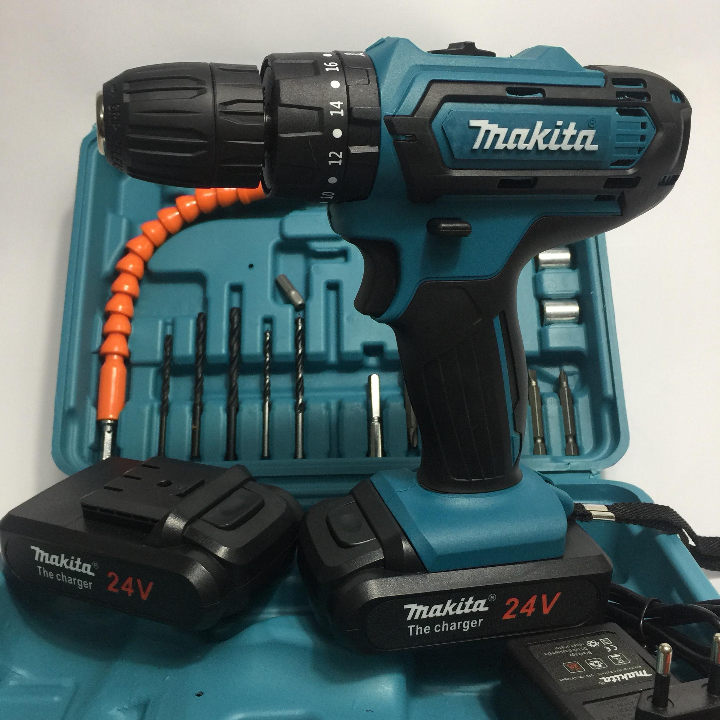 Máy Khoan Pin MAKITA 24V Có Búa Lõi Đồng, Đảo chiều có 2 Pin Bắt Vít, Khoan Sắt, Khoan Tường, Khoan Gỗ, khoan Bê Tông