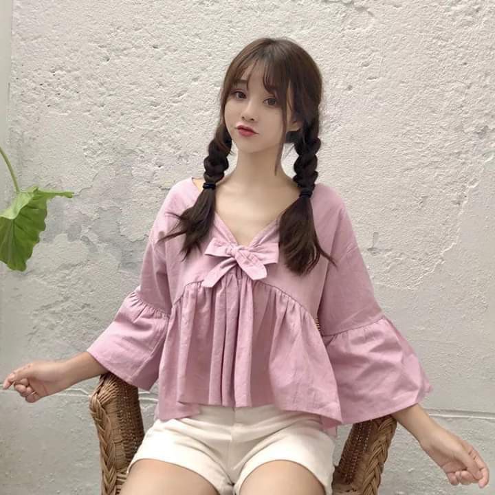 Áo nữ babydoll trơn tay lửng cột nơ trước form rộng vải kate lụa na