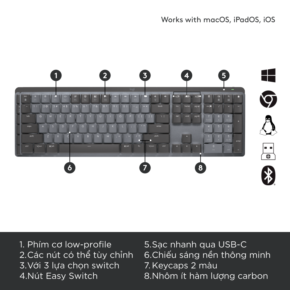 [Voucher 18% max 1tr] Bàn phím cơ không dây Logitech MX Mechanical – Tactile yên tĩnh được chiếu sáng nền, Bluetooth, pin sạc USB-C, macOS| Windows