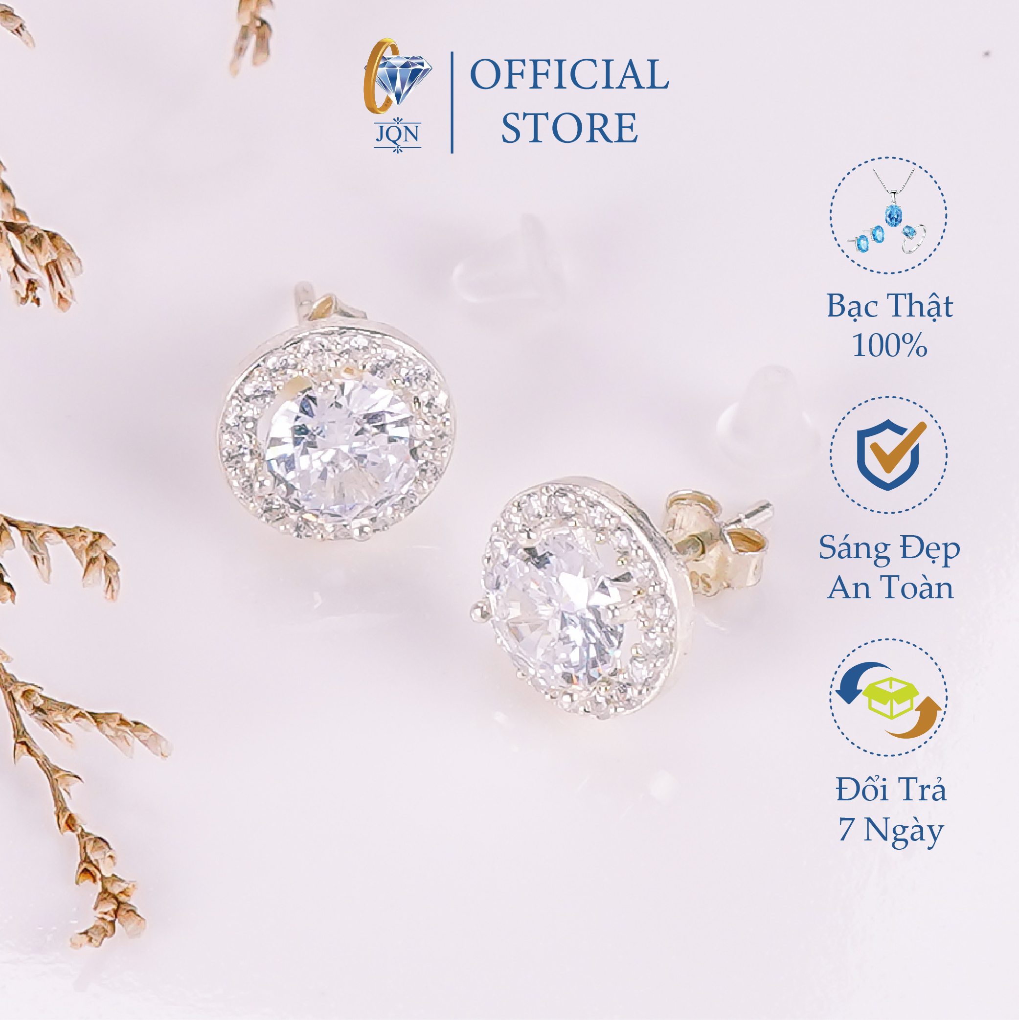 [Hoàn tiền 20%] Bông Tai Bạc JQN Mặt Đá Tròn Trẻ Trung Khuyên Nụ Bạc Ta Sáng Đẹp