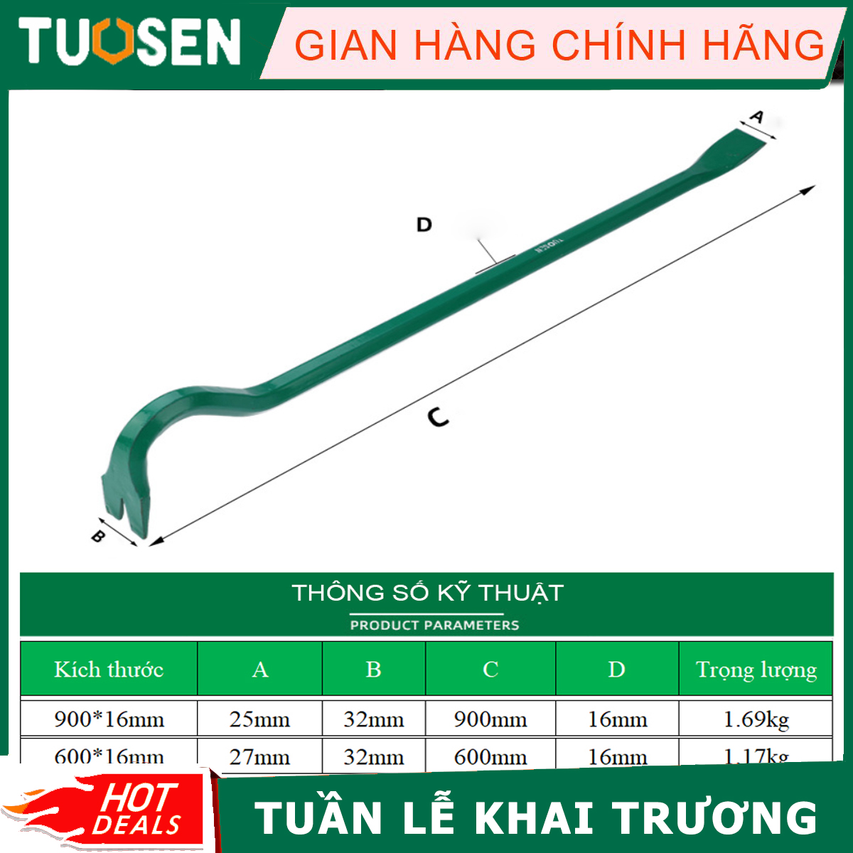 Xà Beng Thép Lục Giác 2 đầu, Đầu móng vuốt và đầu dẹt - KT: 600mm và 900mm - TUOSEN