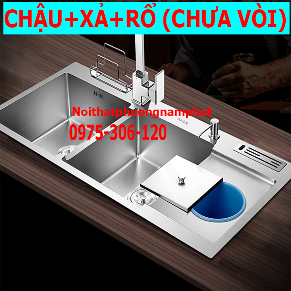 [CHẬU ĐÚC] Combo Chậu Rửa Chén Bát INOX 304 N3 10048 NA.GRAND và Xả Chậu và Rổ Rút Đa Năng