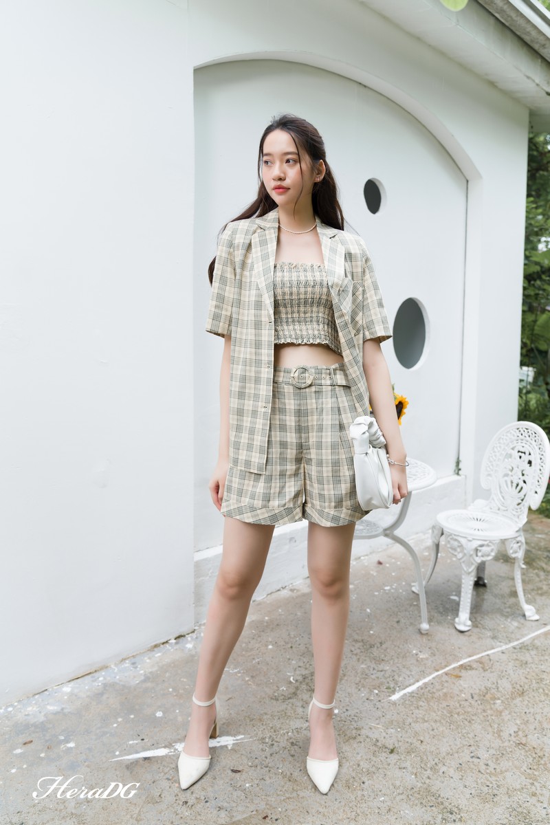 Voucher siêu sale 15% Quần short nữ kẻ xanh dáng rộng lơ vê gấu STBA034Q-S
