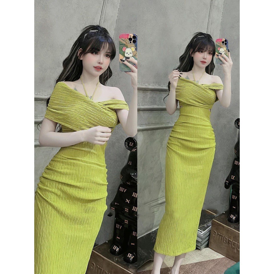 Đầm xốp lệch vai dáng dài ôm body siêu hot