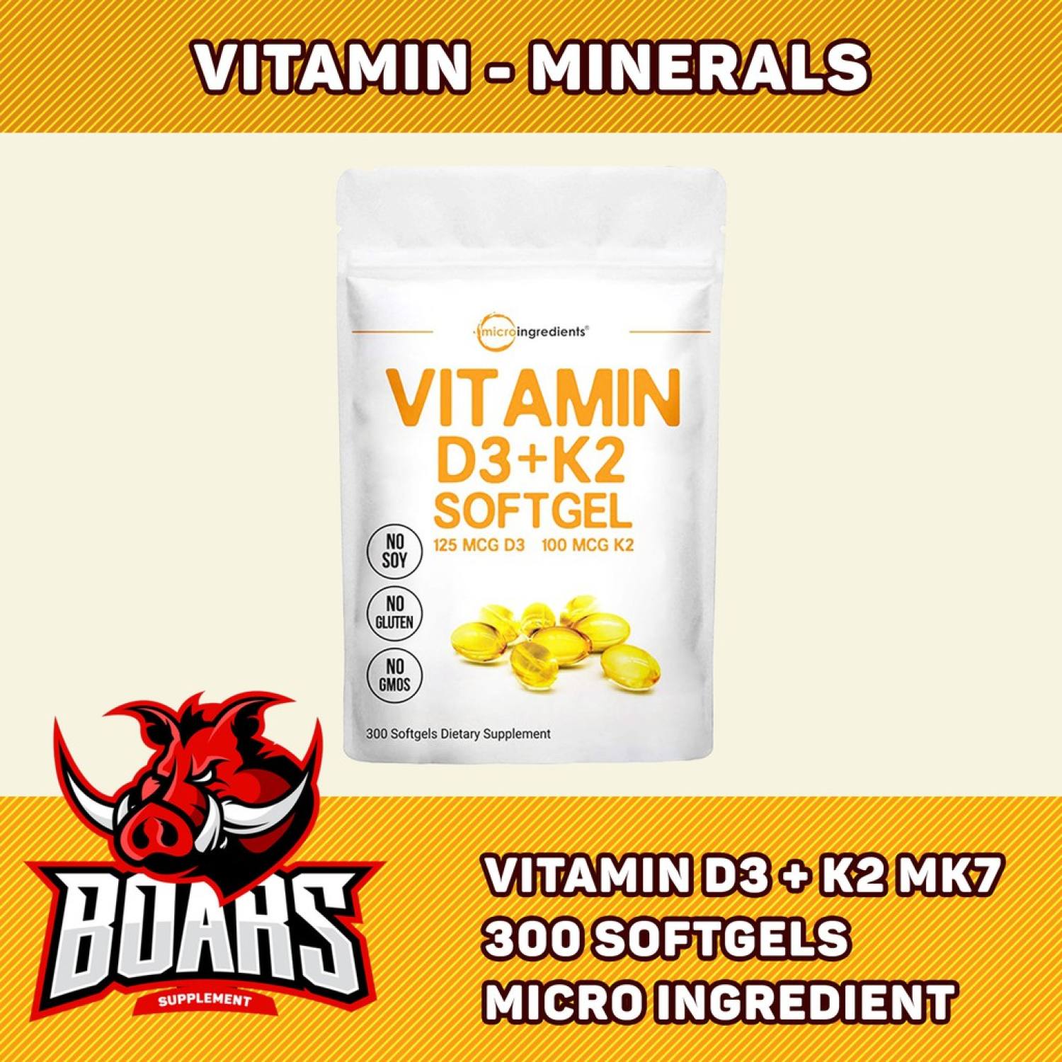 Viên uống micro ingredients vitamin d3 + k2 mk7, tăng cường sức khỏe, túi 300 viên