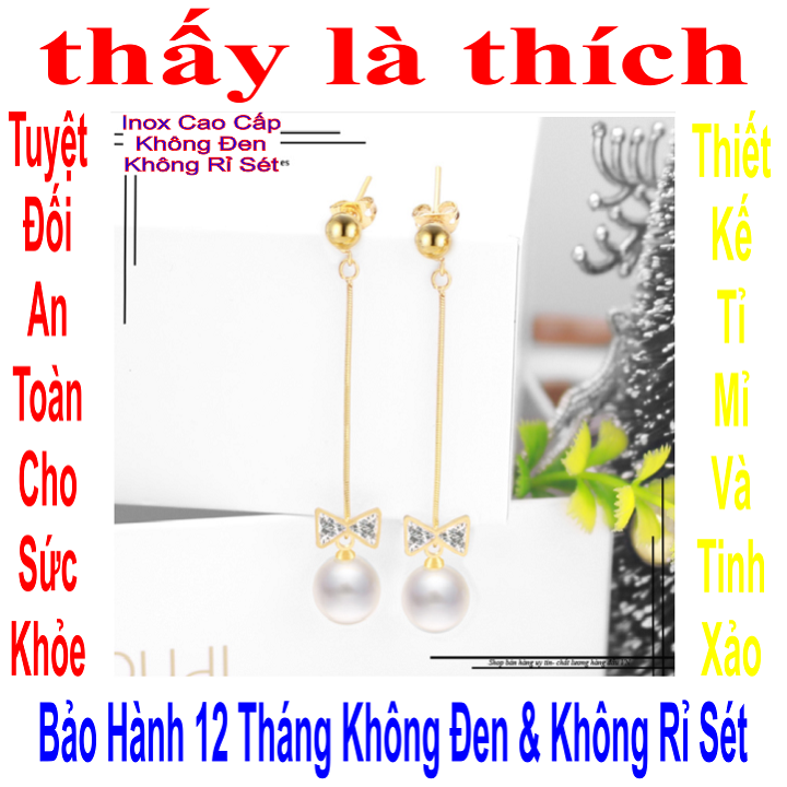 Bông tai nữ inox Thấy Là Thích kiểu bi tòn ten nơ ngọc trai - Cam kết 1 đổi 1 nếu hoen , gỉ sét