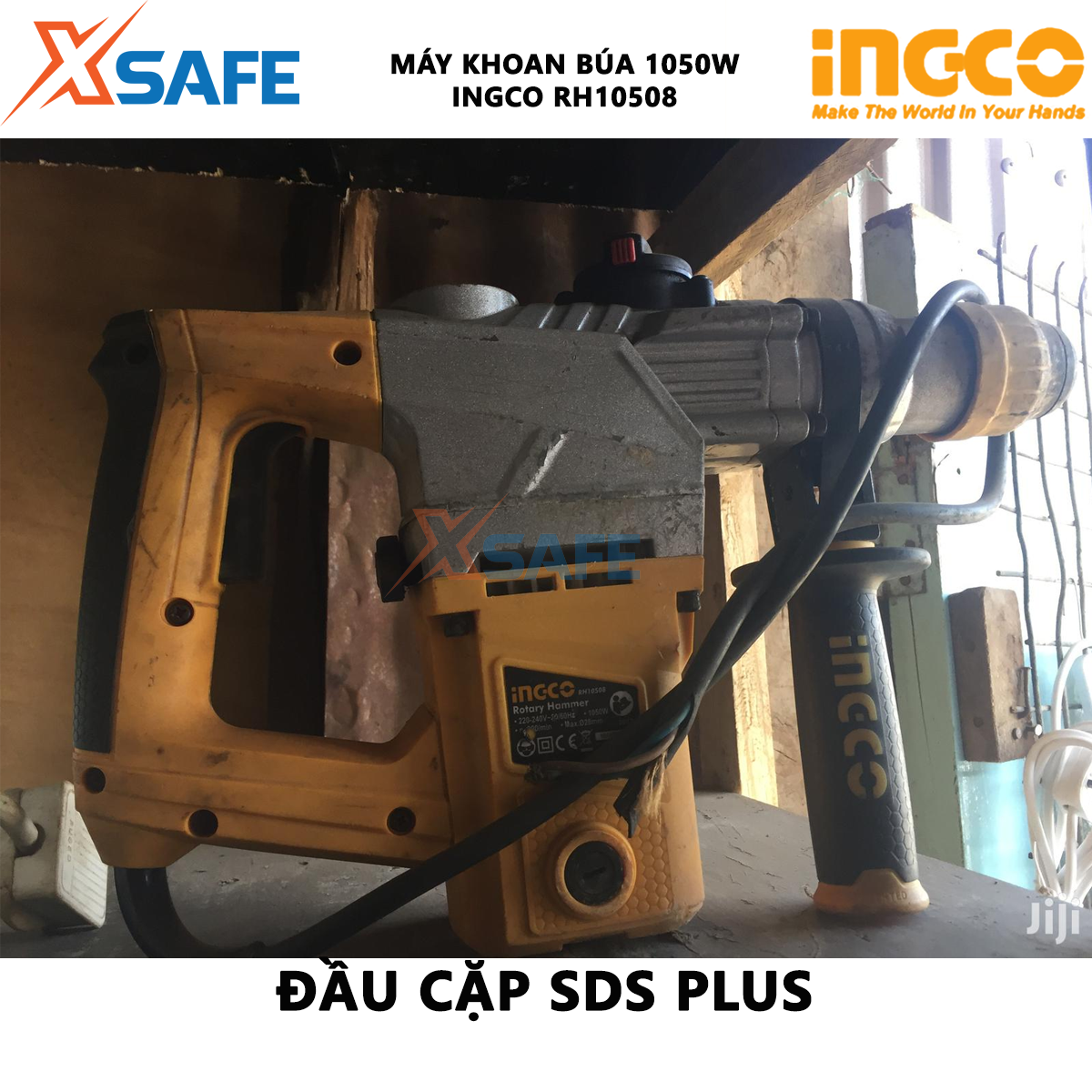 Máy khoan cầm tay 3 chức năng 1050w Ingco RH10508 đầu khoan gài sds, tốc độ 900rpm; tốc độ đập 4000bpm, lực đập 5j, khả năng khoan bê tông 28 mm, đục 14mm, thép 13mm, kèm 3 mũi khoan gài, 2 mũi đục Máy khoan đục bê tông