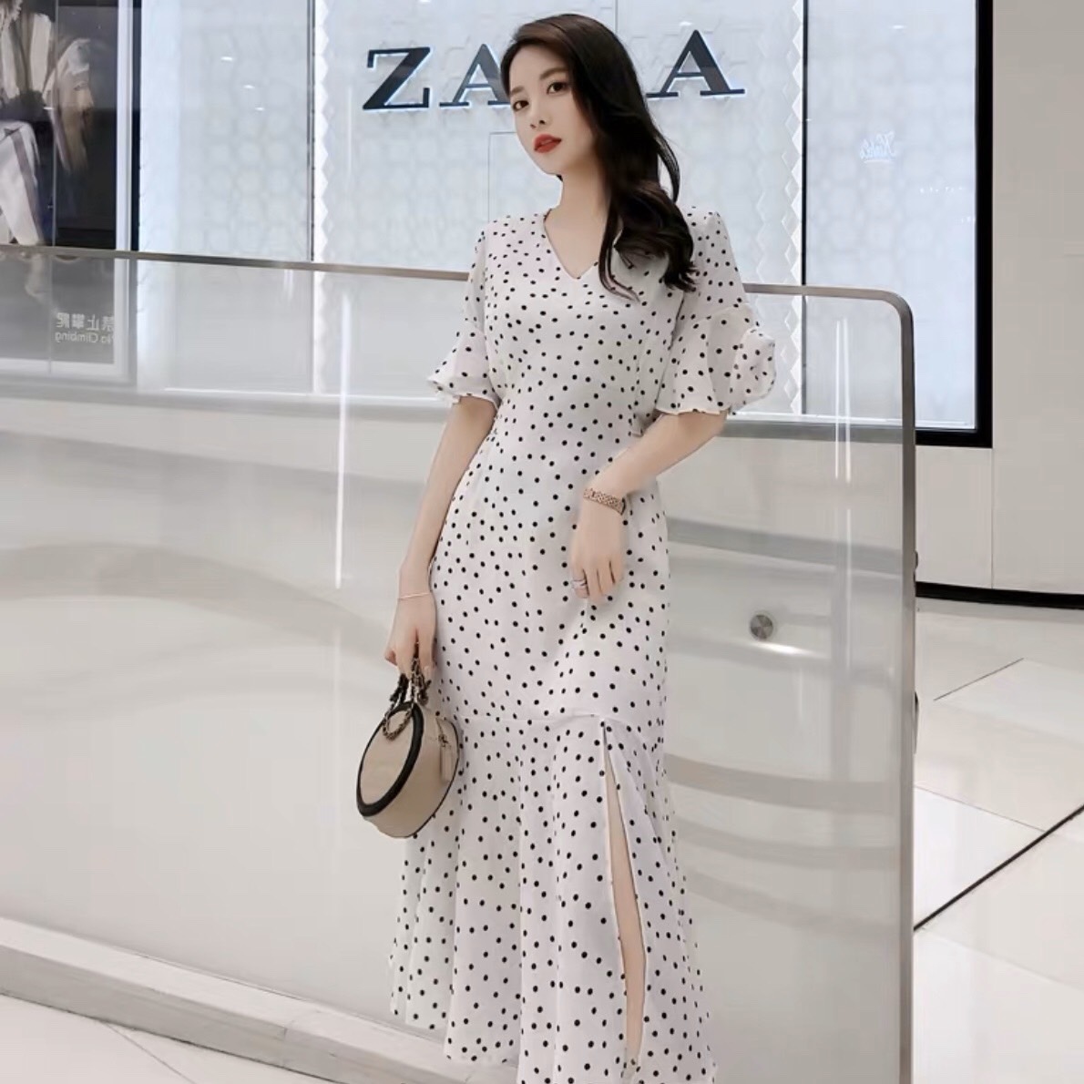 [HCM]Sleeve Maxi Dress with Dots Fishtail Flared Sleeveless Flared Tall Underline - DM013