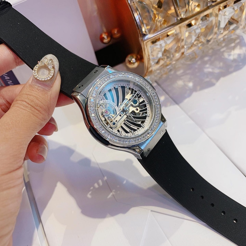 [HCM]Đồng Hồ Nữ Hanboro Automatic Dây Silicon Đen Silver Chính Hãng 36mm