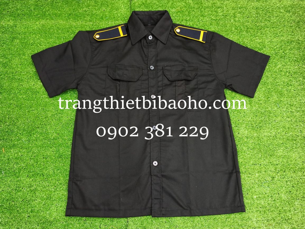 Áo bảo vệ, áo vệ sĩ màu đen kèm cầu vai xanh đen, viền vàng, nút vàng - hình thật