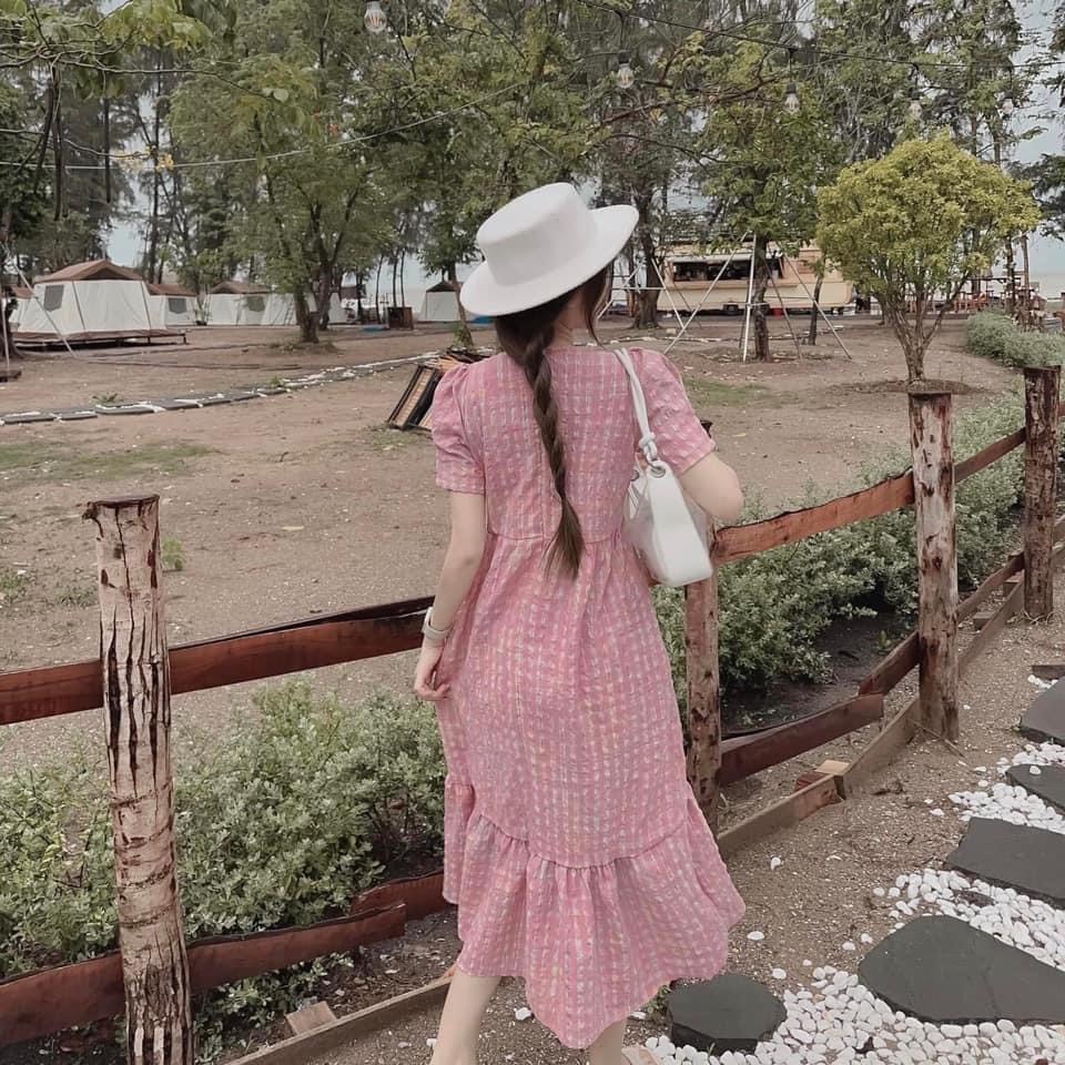 HOÀN TIỀN 15% - Váy V59 Đầm Đuôi Cá Kẻ Hồng Tay Bồng Chất Đũi Kẻ