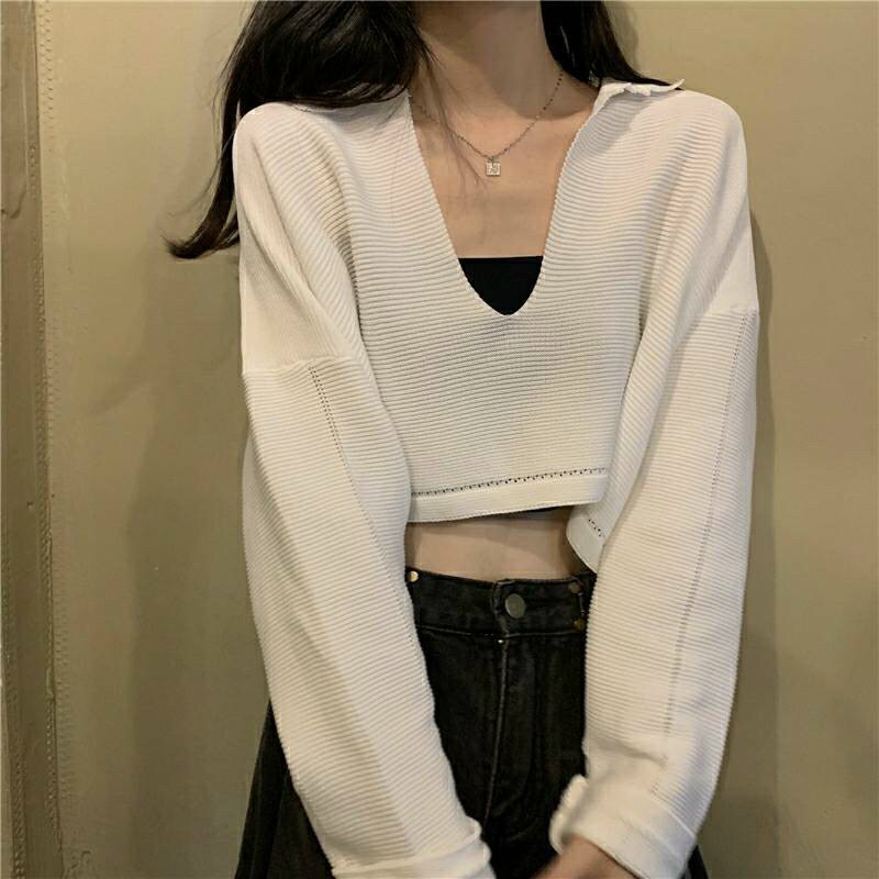 Áo thun croptop cổ trụ tay dài (Có bán thêm áo lót bên trong)