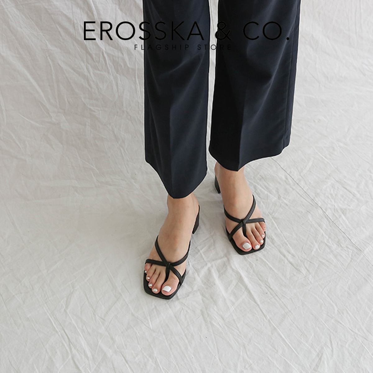 Dép cao gót Erosska xỏ ngón phối dây kiểu dáng Hàn Quốc cao 5cm màu đen - EM075