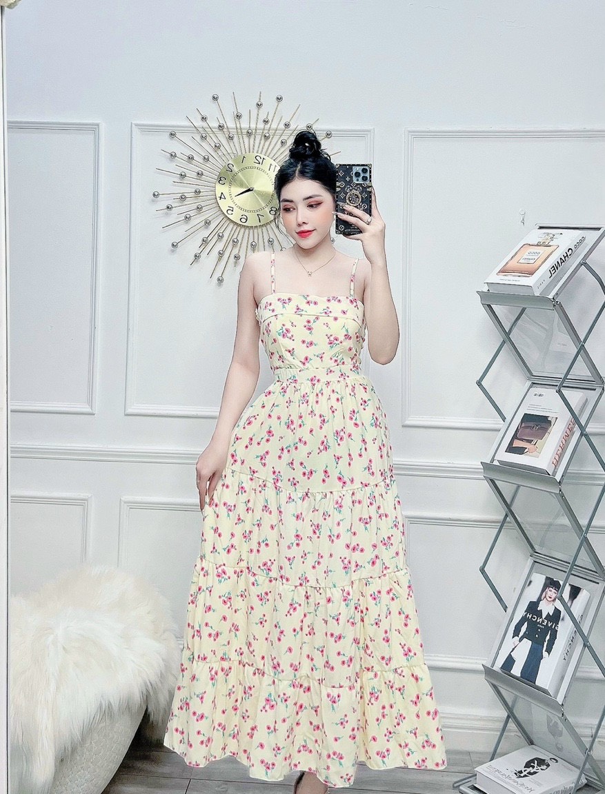 Đầm hai dây gấp ngực maxi hoa