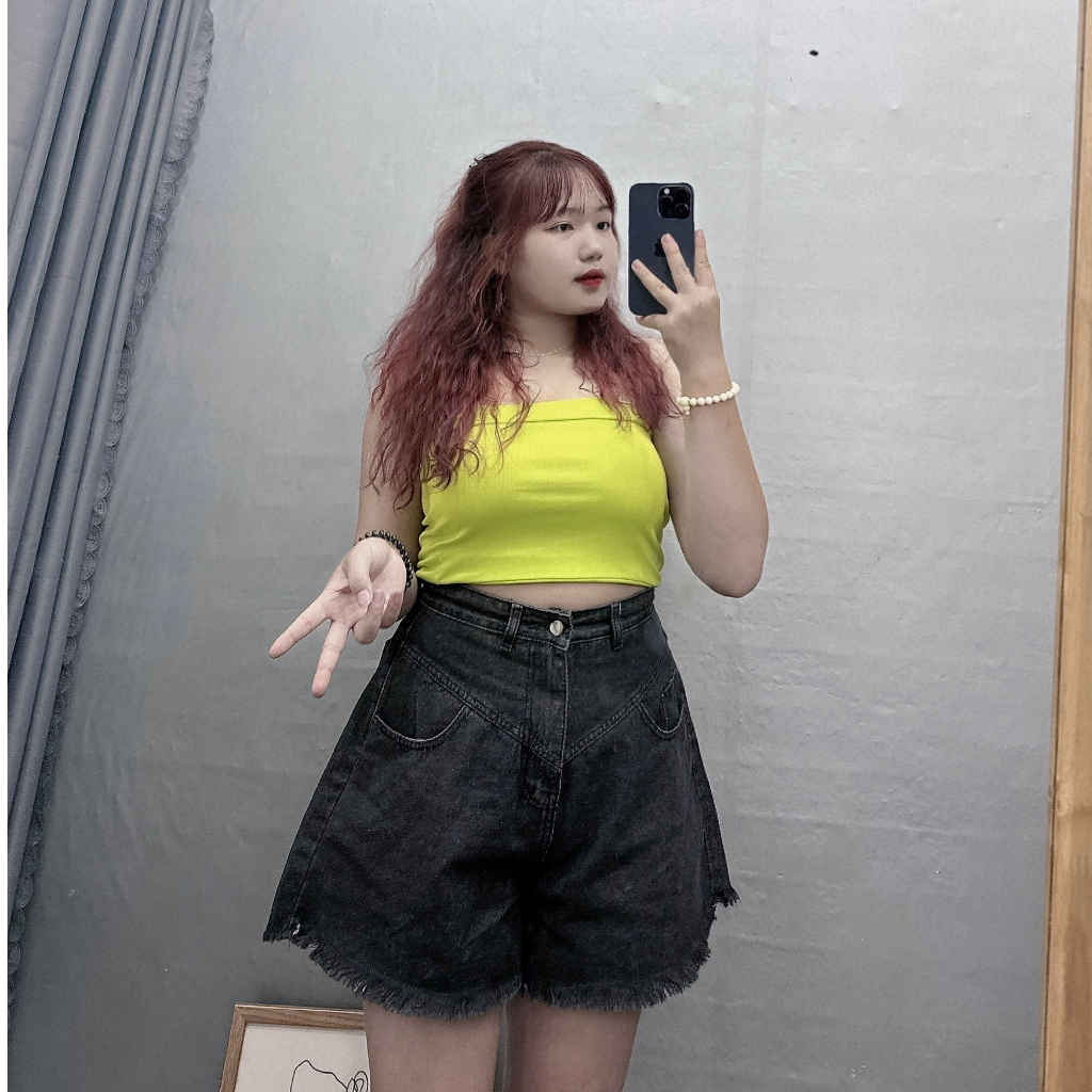 Quần Đùi Bò Cạp Cao Big Size Nữ,Quần Short Jean Bigsize Lưng Cao Dáng Xòe Chữ A Che Bụng Mã J5