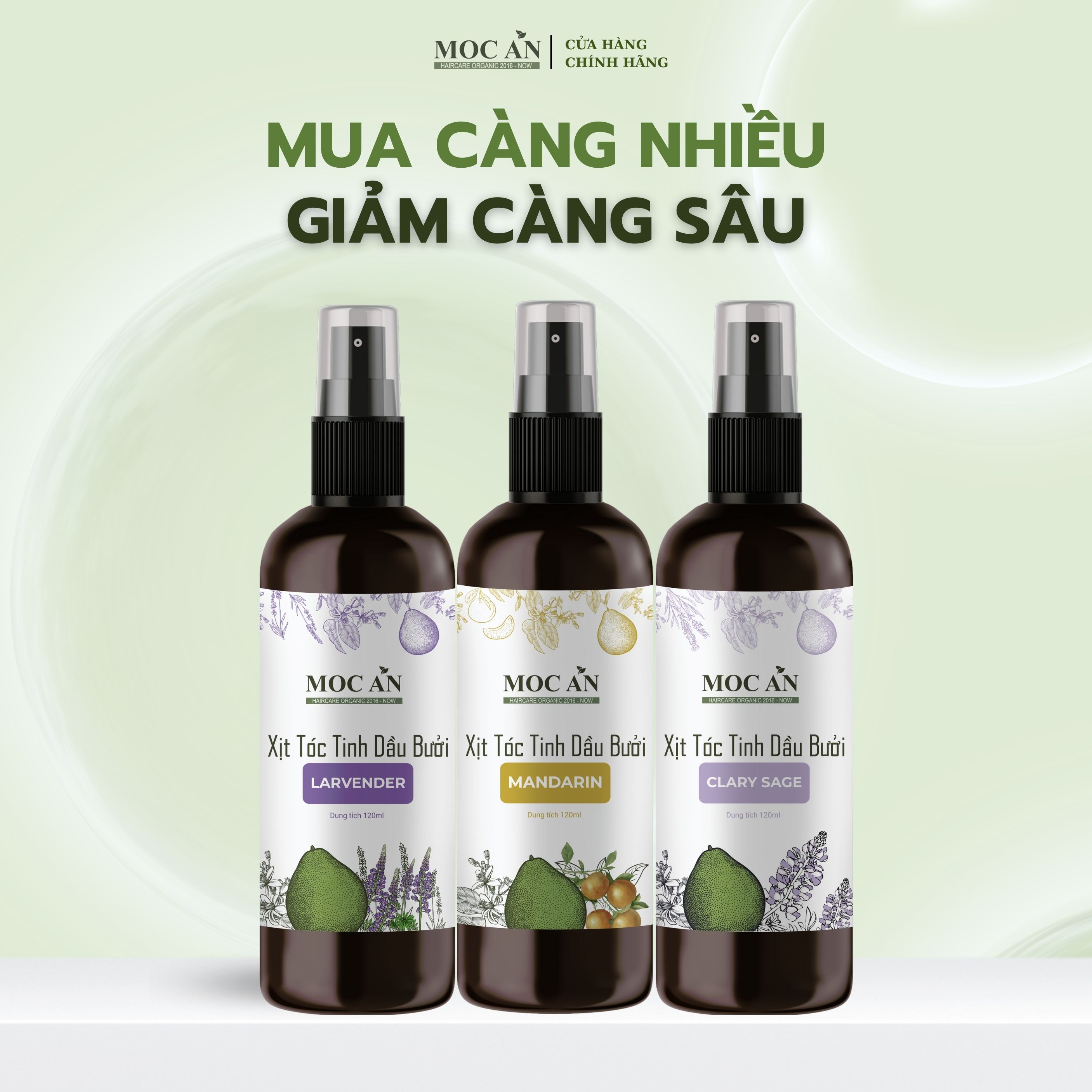 CB06. Combo Xịt Bưởi Tinh Dầu Lavender 120ml & Xịt Bưởi Tinh Dầu Mandarin 120ml & Xịt Bưởi Clary Sage 120ml Mộc Ân Haircare hỗ trợ kích mọc, giảm rụng, khô tóc, dưỡng ẩm và giảm mụn trên da đầu