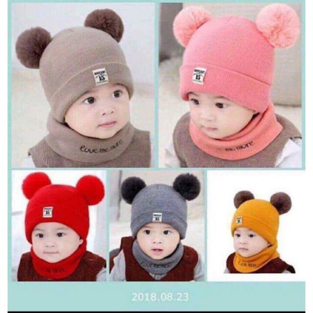 Set khăn mũ len 2 quả bông cho bé