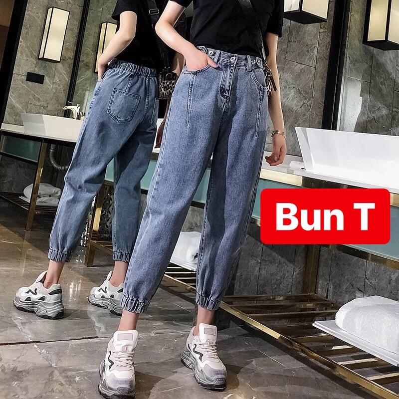 QUẦN BAGGY JEAN NỮ CHẤT BÒ XANH TÚM GẤU LƯNG THUN CẠP CHUN LƯNG CAO NÂNG MÔNG NHẬT BẢN T&T-335 - TRANG BUN FASHION