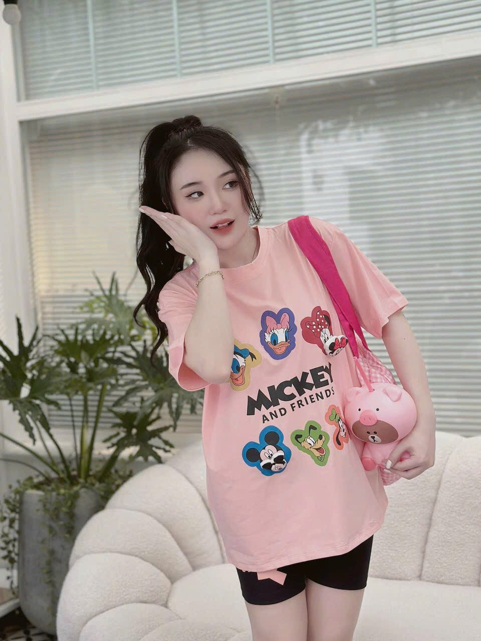 Set áo thun micky in hoạt hình quần legging đùi đồ bộ ngố dễ thương mặc hè chất cotton mát mẻ