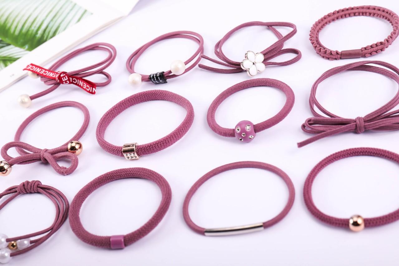 Bộ dây thun cột tóc Hàn Quốc 12 họa tiết ( Màu hồng đậm nho - Gồm Hộp)