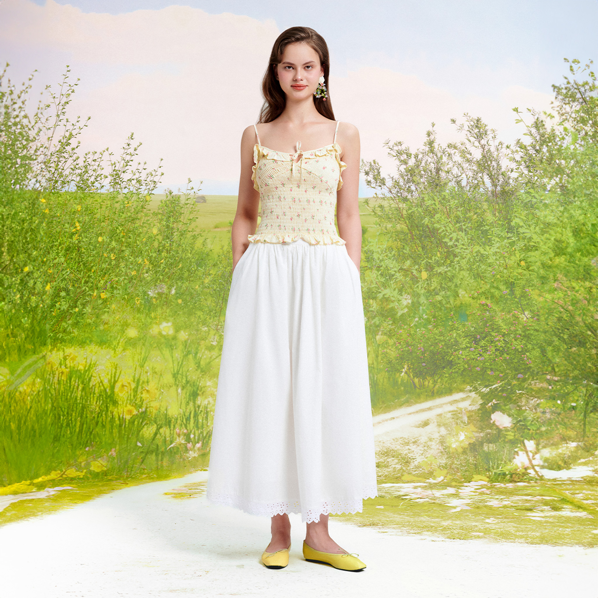 Dottie - chân váy dài rút nhún phối đăng ten - trắng - s0202