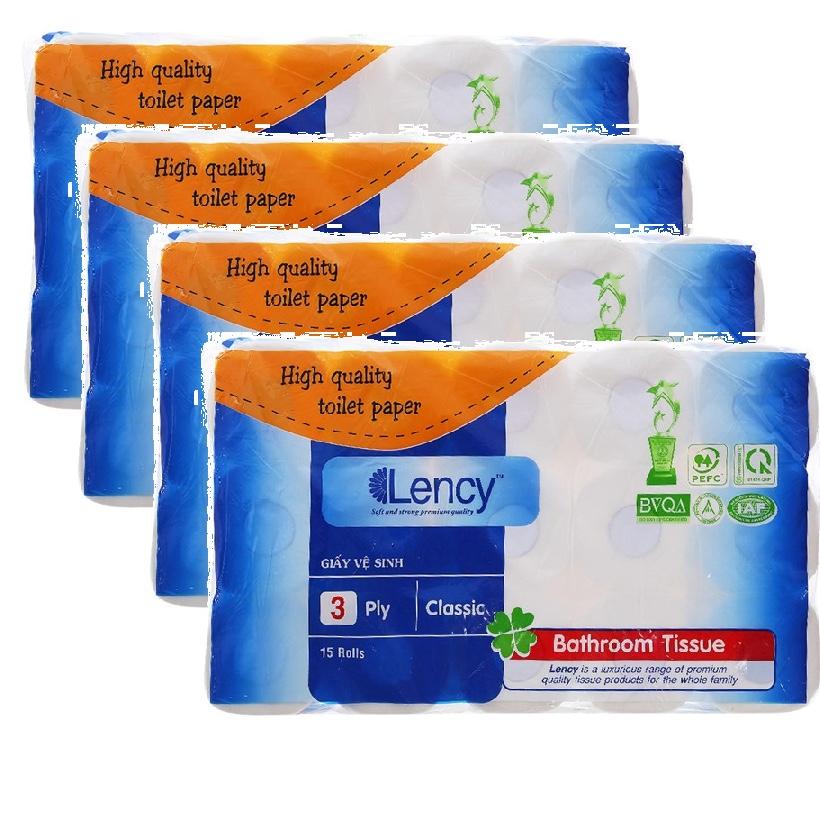 Combo 4 lốc Giấy vệ sinh Lency 15 cuộn cao cấp (3 lớp)