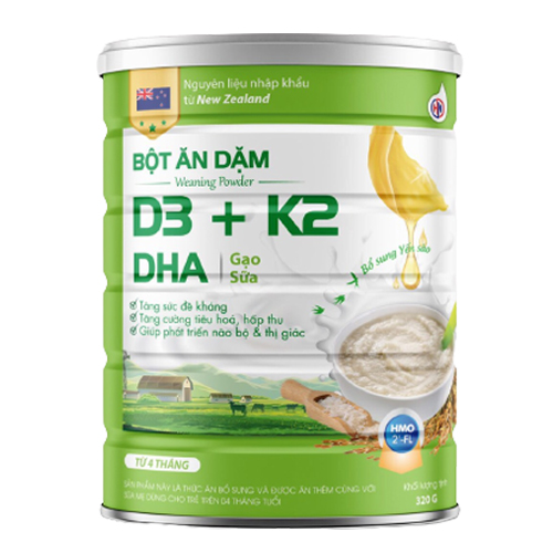 Bột ăn dặm gạo sữa, bột ăn dặm d3+k2 cho bé từ 4 tháng tuổi, lon 320g