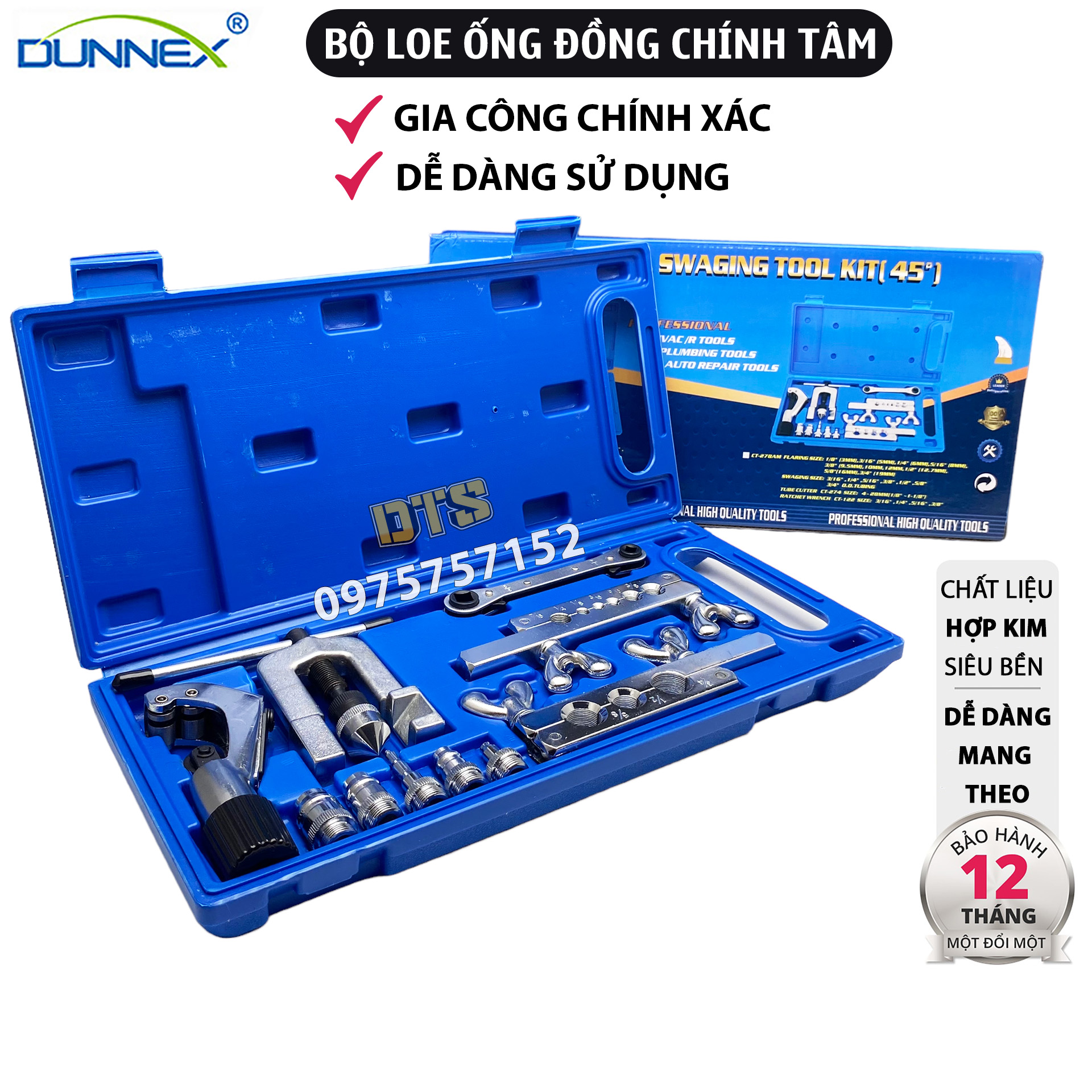 Bộ loe ống đồng chính tâm DUNNEX 2 kẹp có dao cắt, bộ lã ống đồng đồng tâm, bộ nong loe ống đồng sửa chữa điều hòa, máy lạnh CT-278